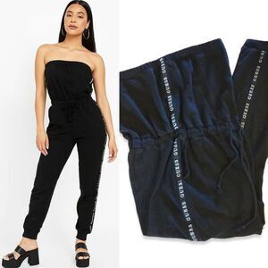 Guess Y2K Black Strapless White Side Logo Tape Fleece Jumpsuit Large
